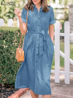 2024 Summer Denim Blue Lapel Neck Short Sleeve Work Casual ShirtMidi Dress