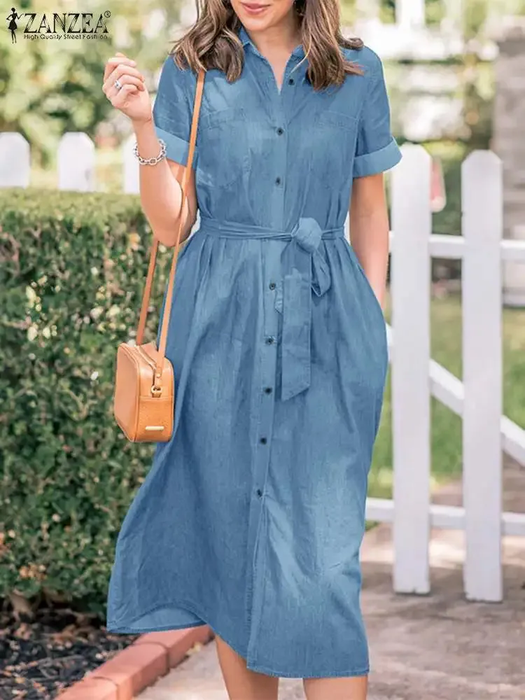 2024 Summer Denim Blue Lapel Neck Short Sleeve Work Casual ShirtMidi Dress