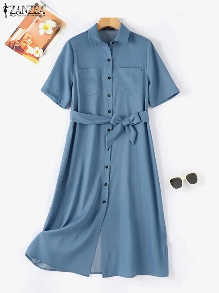 2024 Summer Denim Blue Lapel Neck Short Sleeve Work Casual ShirtMidi Dress