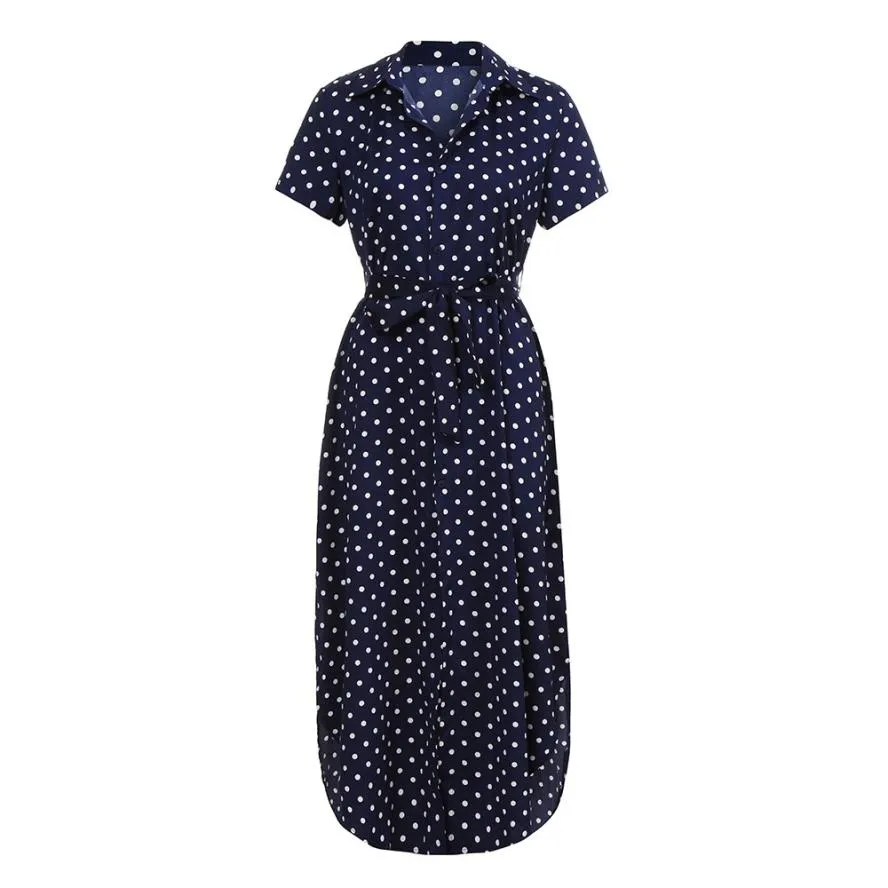 A-line Bohemian V Neck Bow Tie Polka-dot Dress