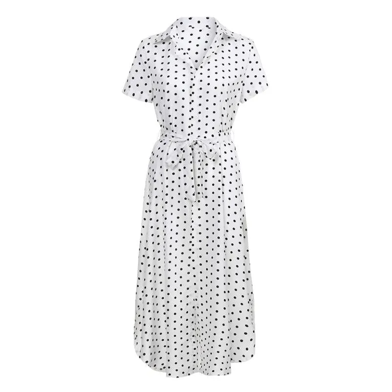 A-line Bohemian V Neck Bow Tie Polka-dot Dress