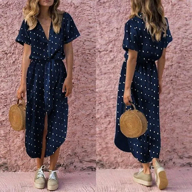 A-line Bohemian V Neck Bow Tie Polka-dot Dress