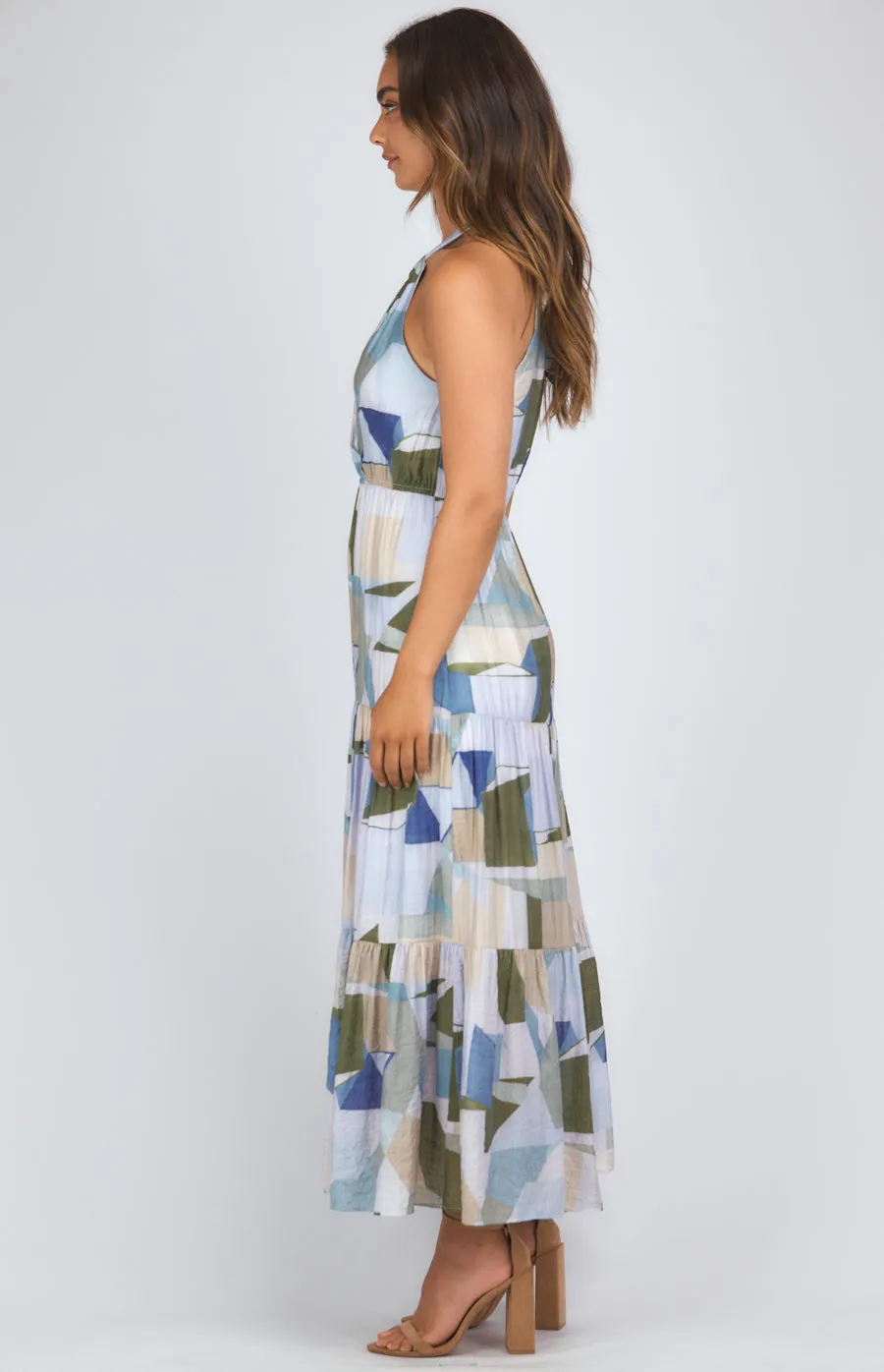 Abstract Printed Halter Neck Tiered Maxi Dress