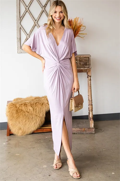 AD4955-ORCHID LIGHT DEEP V-NECKLINE WITH FRONT KNOT TWIST & SLIT RUFFLE SLEEVE LONG DRESS-2-2-2