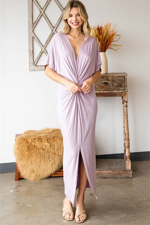 AD4955-ORCHID LIGHT DEEP V-NECKLINE WITH FRONT KNOT TWIST & SLIT RUFFLE SLEEVE LONG DRESS-2-2-2