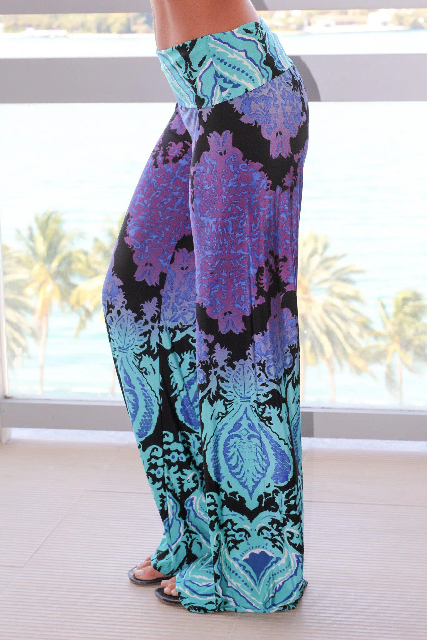 Aqua and Purple Printed Palazzo Pants