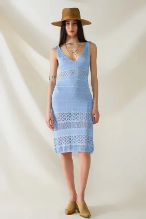 Baby Blue Midi Sleeveless Dress with V-Neck and Crochet Design