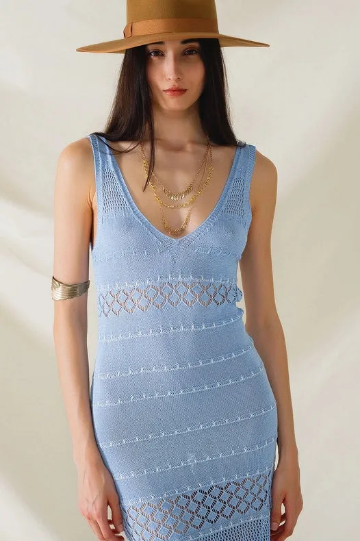 Baby Blue Midi Sleeveless Dress with V-Neck and Crochet Design