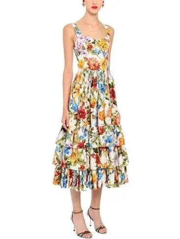 Bamboo Printed Tiered Midi Dress