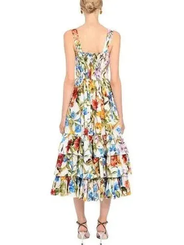 Bamboo Printed Tiered Midi Dress