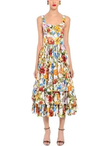 Bamboo Printed Tiered Midi Dress