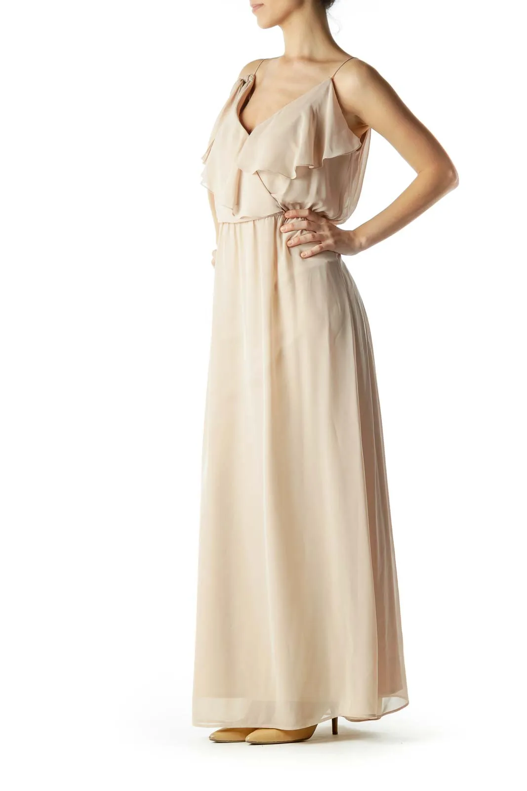 Beige Ruffle Detailed Maxi Dress