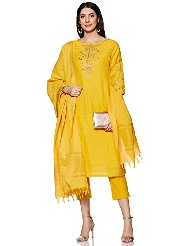 BIBA Cotton Women Yarndyed Narrow Salwar Kurta Dupatta (Skdassorted6533E_Yellow_36)