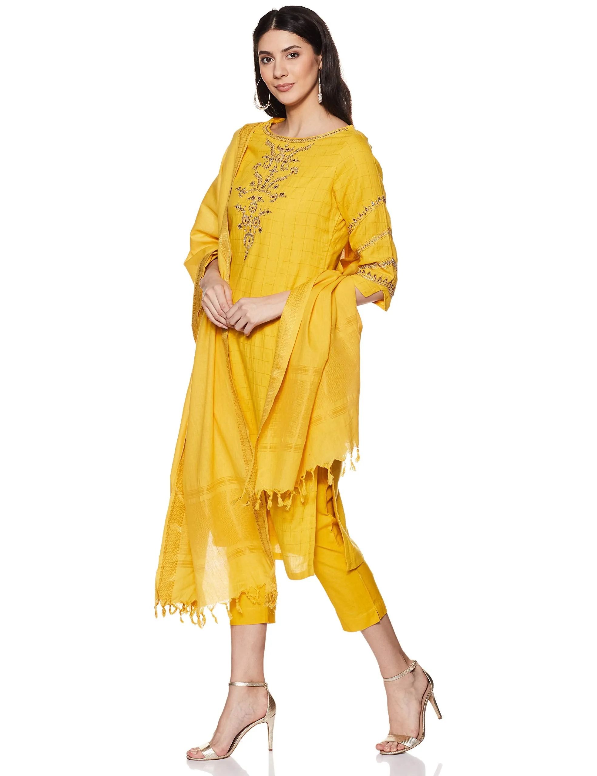 BIBA Cotton Women Yarndyed Narrow Salwar Kurta Dupatta (Skdassorted6533E_Yellow_36)