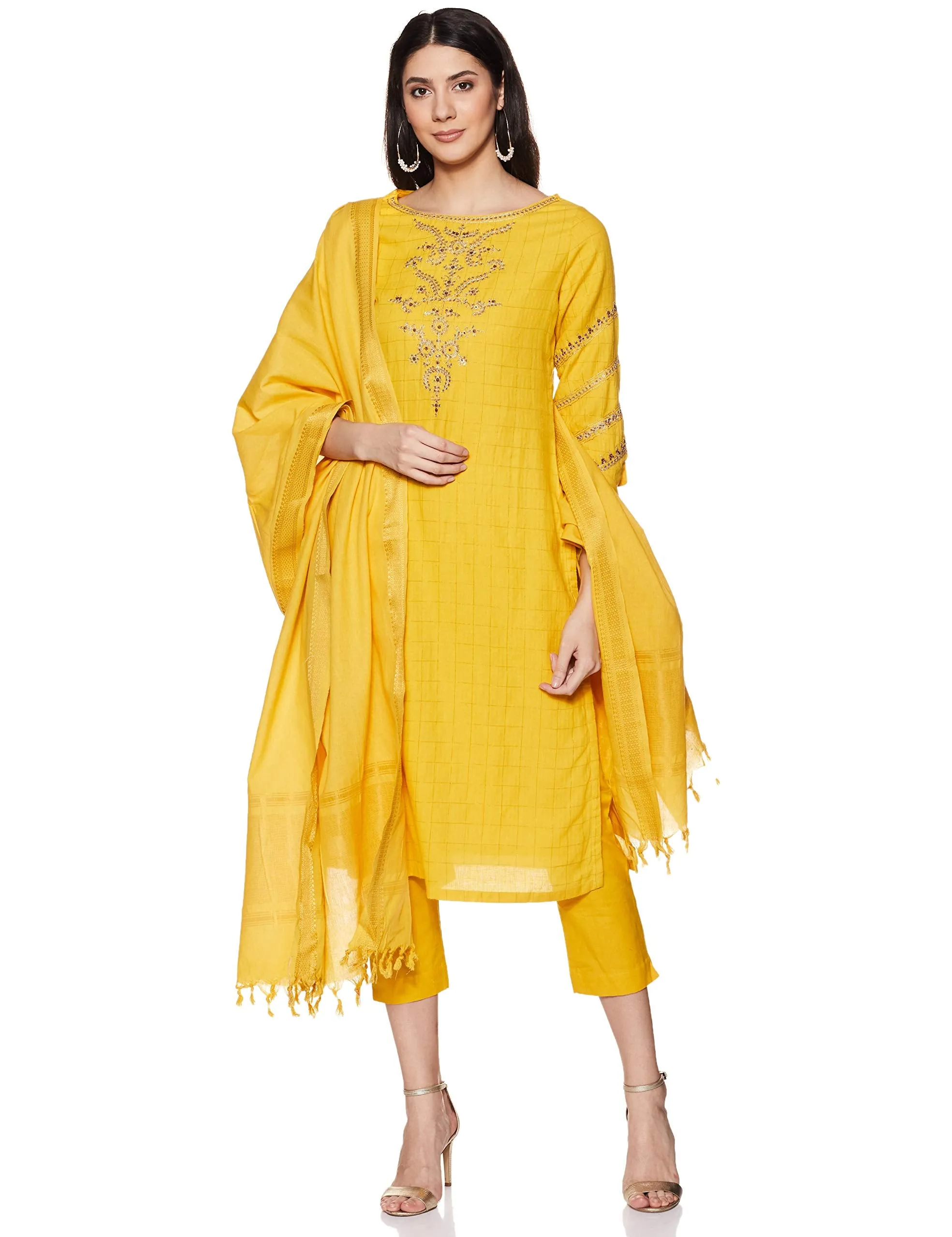 BIBA Cotton Women Yarndyed Narrow Salwar Kurta Dupatta (Skdassorted6533E_Yellow_36)