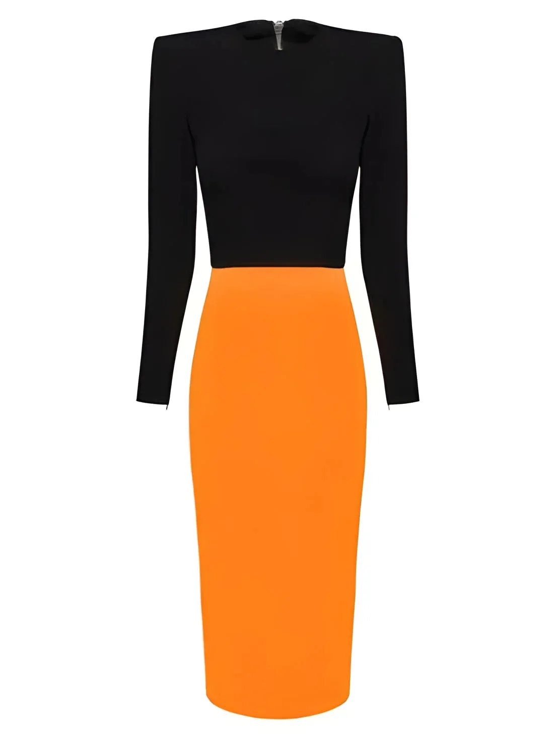 Black and Orange Long-Sleeve Crepe Stretch Midi Dress