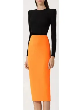 Black and Orange Long-Sleeve Crepe Stretch Midi Dress