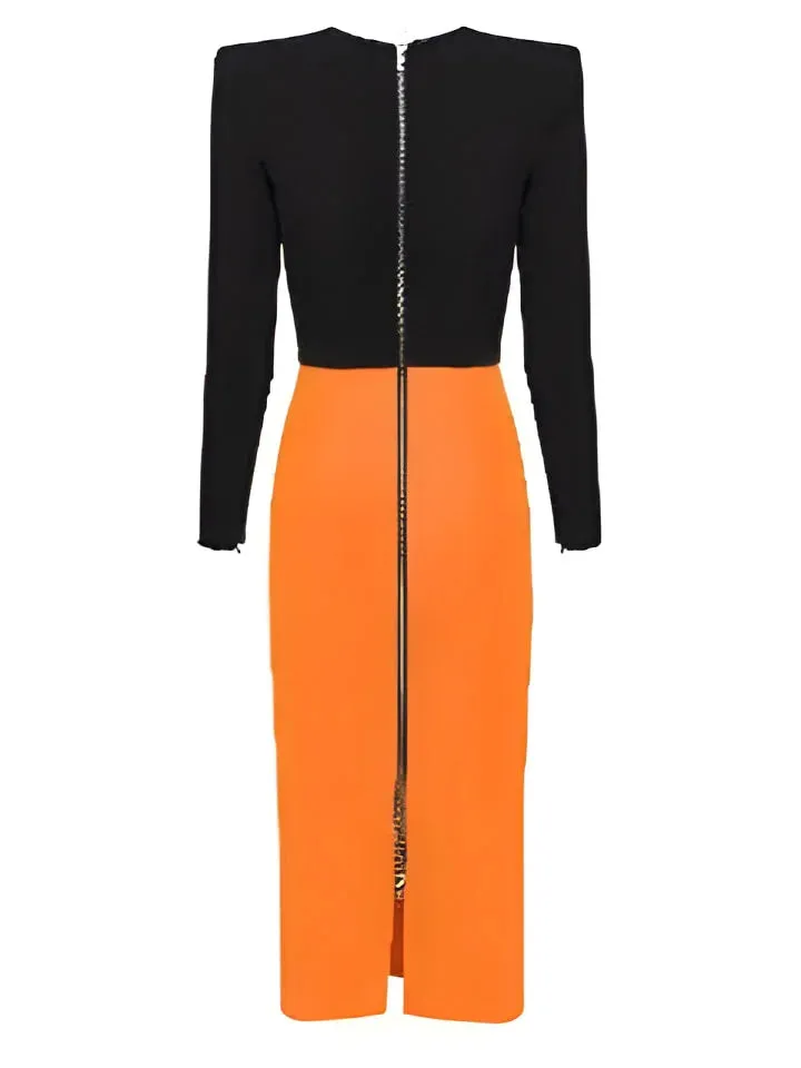 Black and Orange Long-Sleeve Crepe Stretch Midi Dress