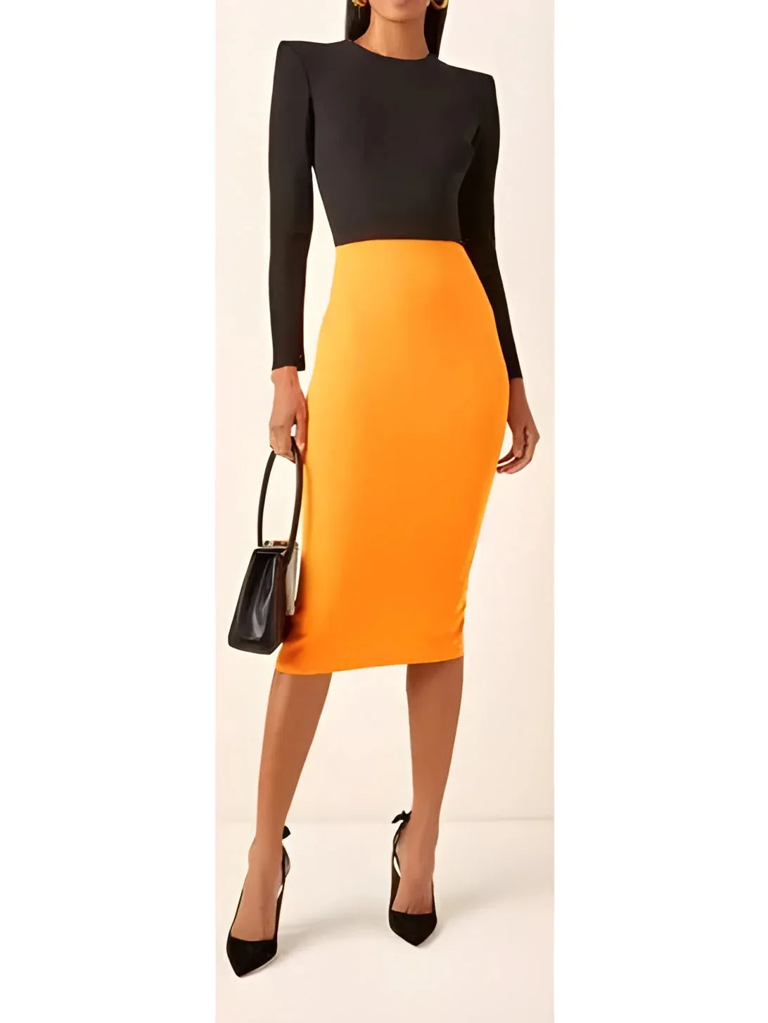 Black and Orange Long-Sleeve Crepe Stretch Midi Dress