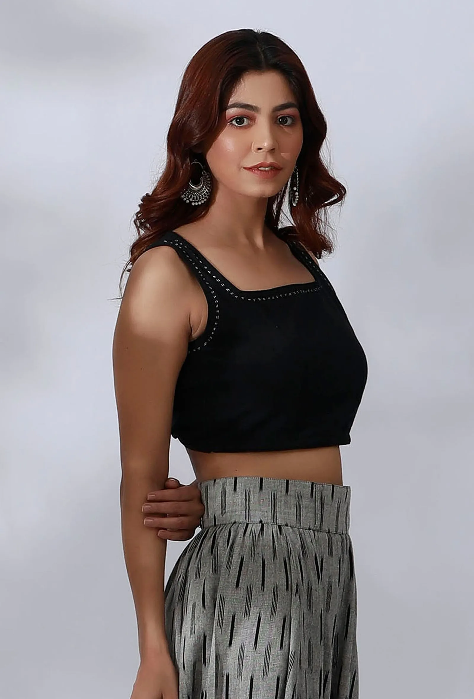 Black Cotton Crop Top With Embroidery Detailing