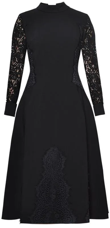 Black Lace-Trim High-Neck Midi Dress