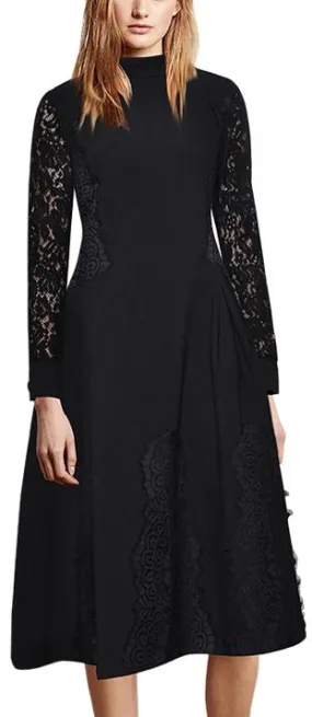 Black Lace-Trim High-Neck Midi Dress