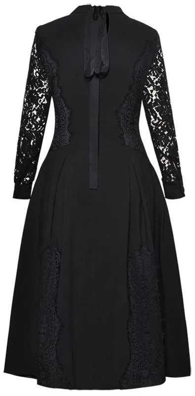 Black Lace-Trim High-Neck Midi Dress