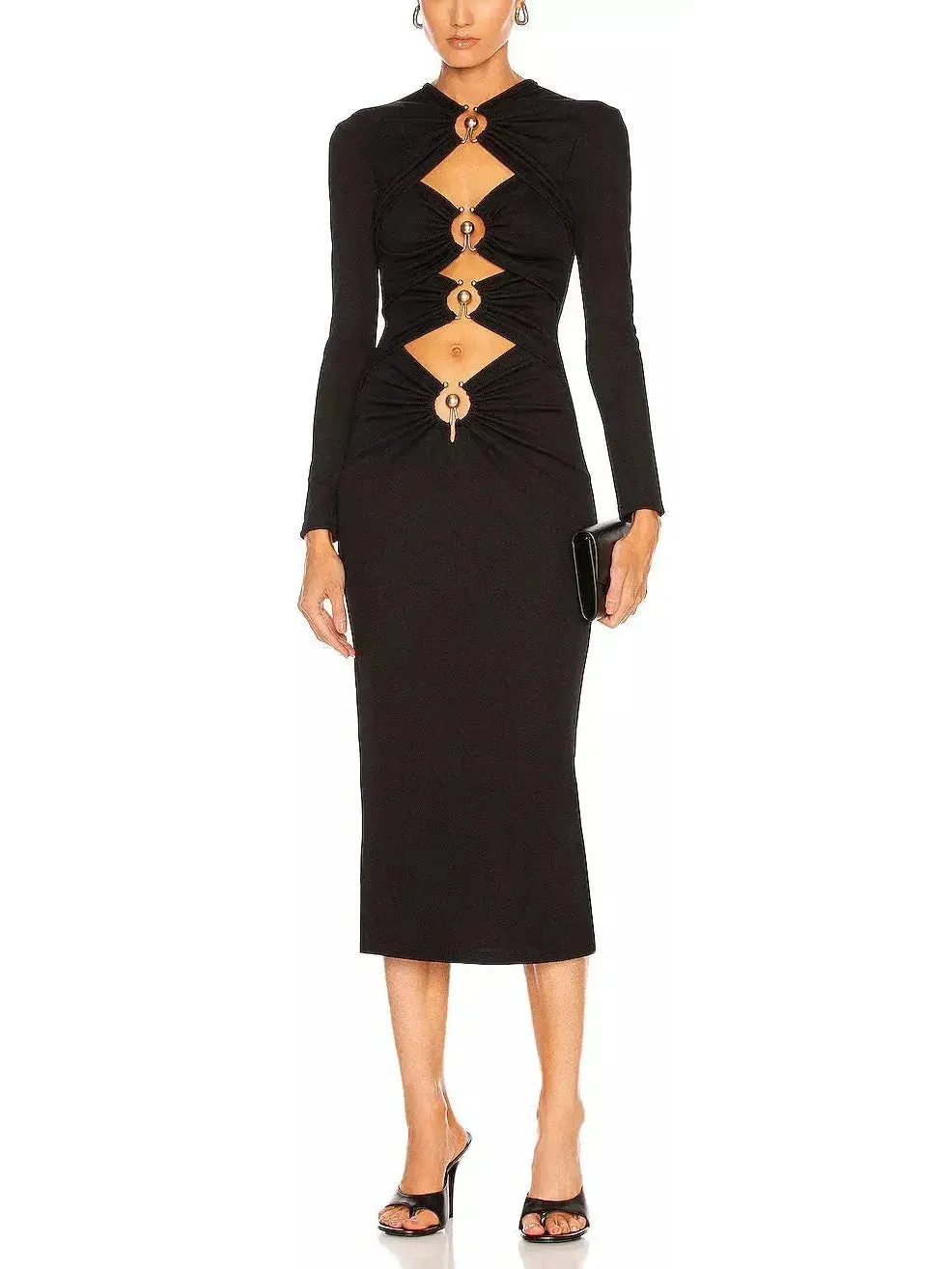 Black Ruched Column Long Sleeve Midi Dress