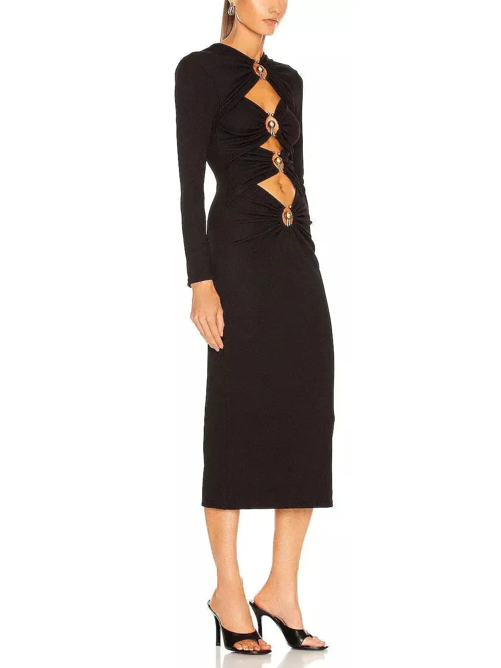 Black Ruched Column Long Sleeve Midi Dress