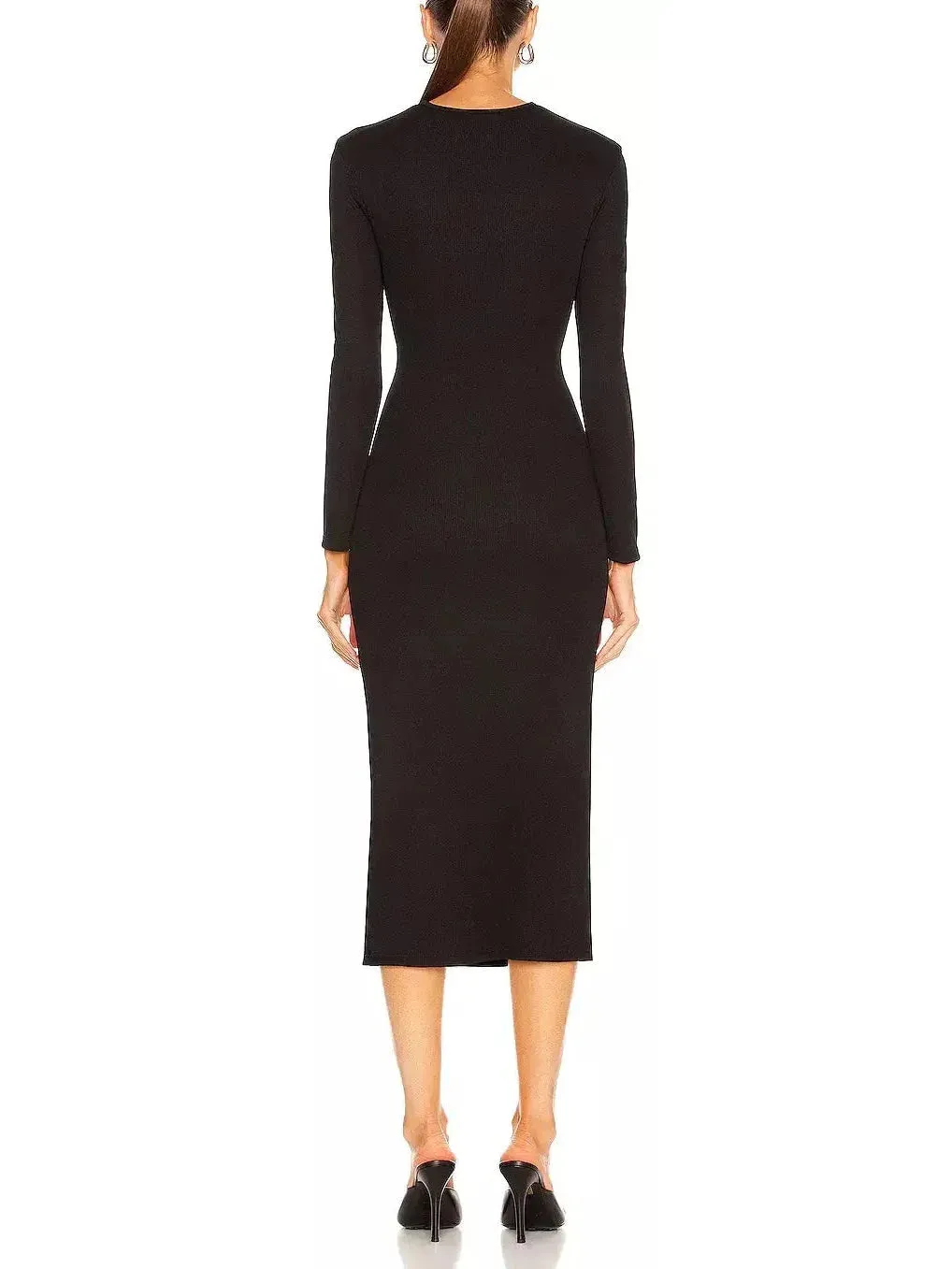 Black Ruched Column Long Sleeve Midi Dress