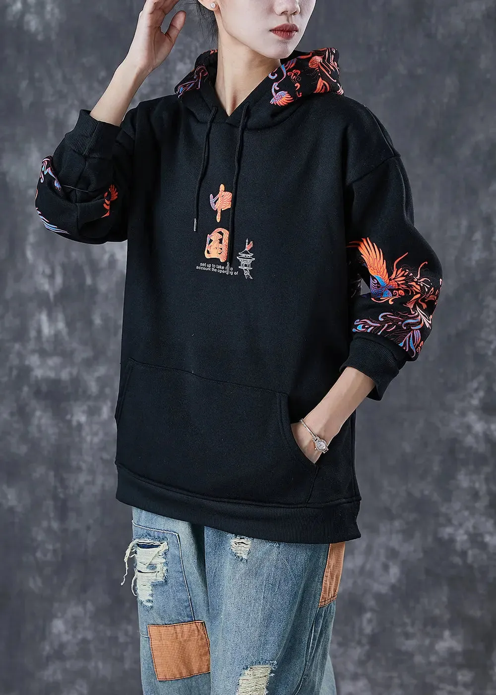 Black Warm Fleece Loose Sweatshirts