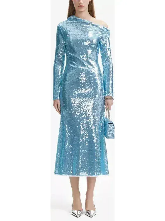 Blue Sequin Asymmetric Midi Dress