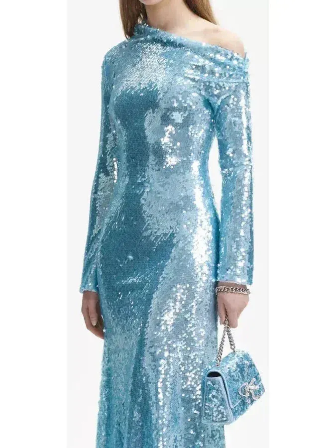 Blue Sequin Asymmetric Midi Dress