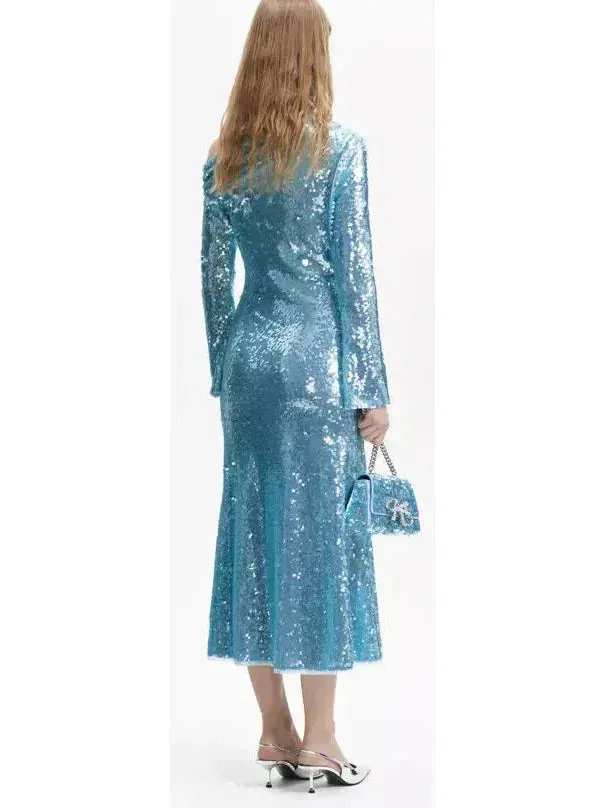 Blue Sequin Asymmetric Midi Dress