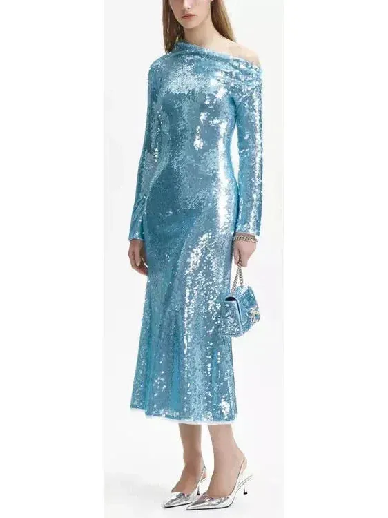 Blue Sequin Asymmetric Midi Dress