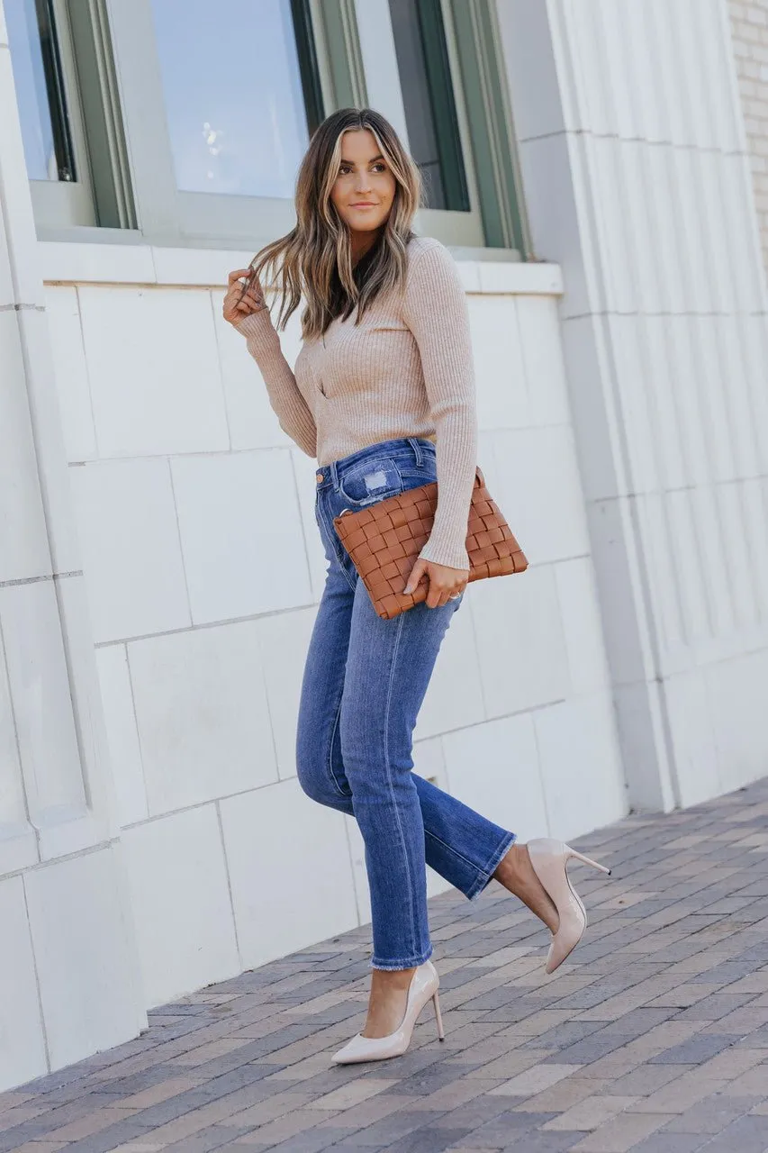 Braided Front Tan Ribbed Sweater