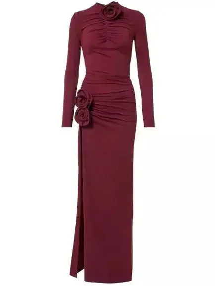 Burgundy Floral-Applique Ruched Jersey Maxi Dress