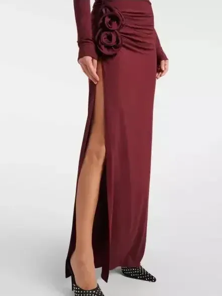 Burgundy Floral-Applique Ruched Jersey Maxi Dress