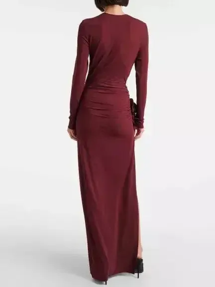 Burgundy Floral-Applique Ruched Jersey Maxi Dress