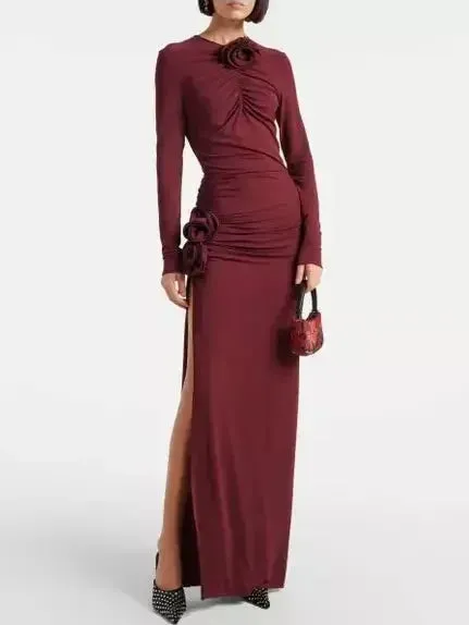 Burgundy Floral-Applique Ruched Jersey Maxi Dress