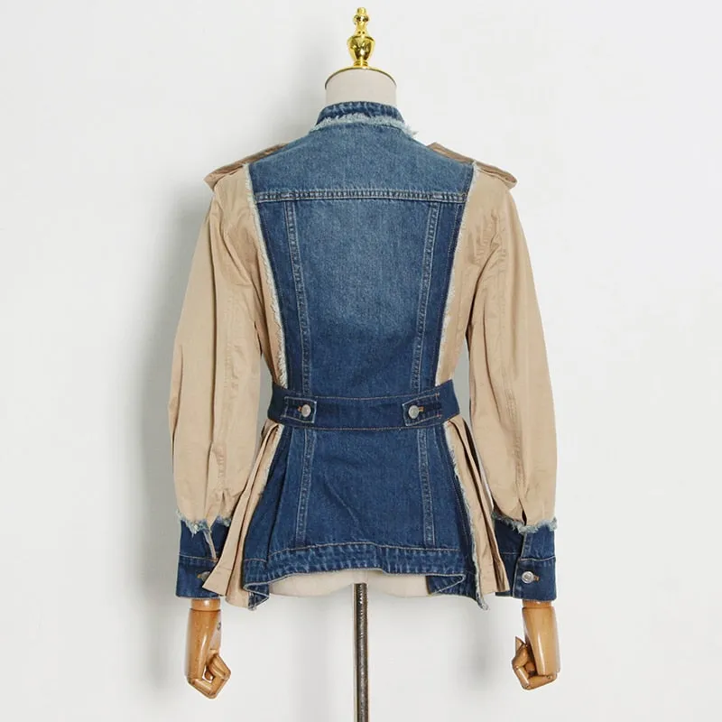 Casual Patchwork Denim Round Neck Long Sleeve Buttons Fold Pleated Blazer