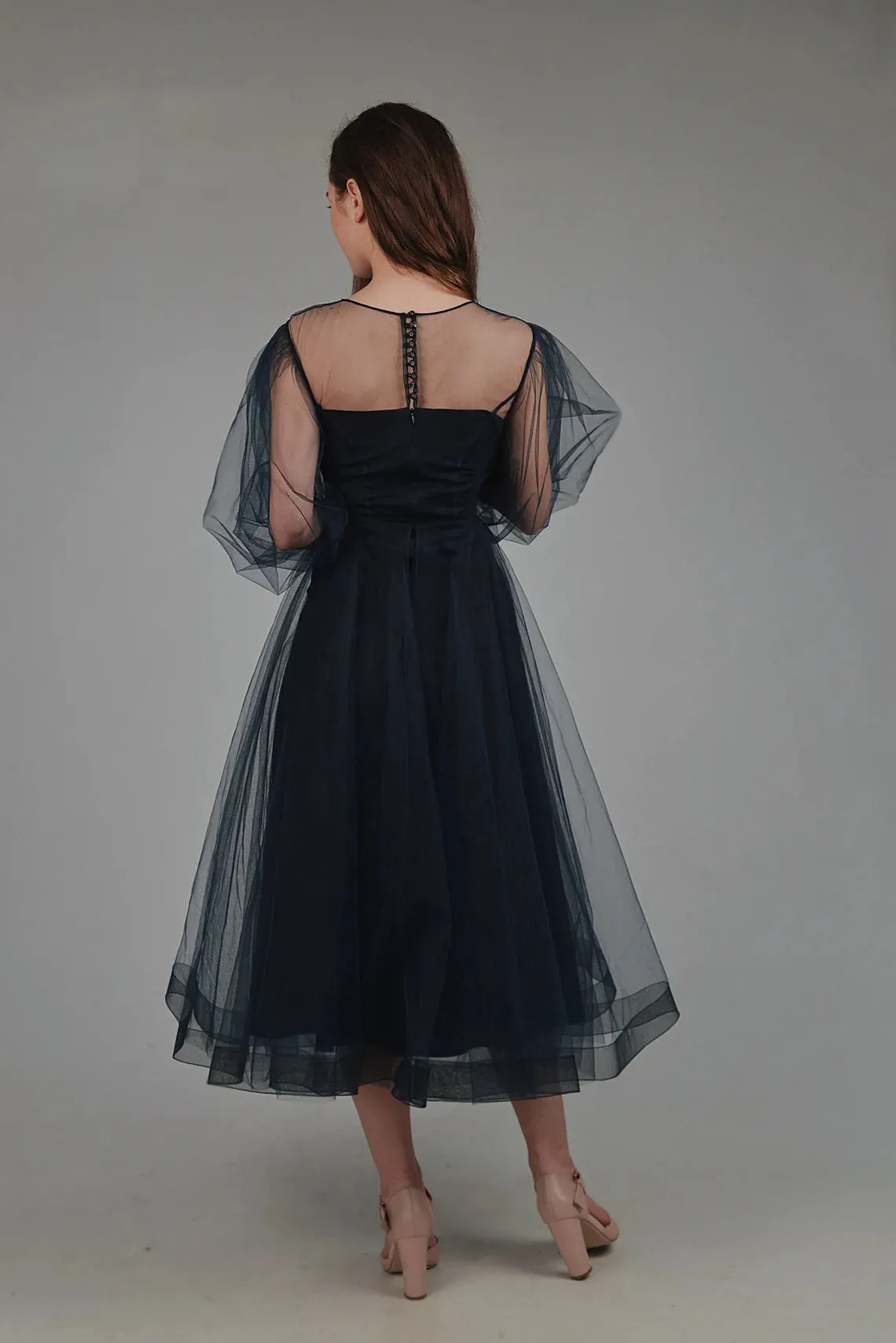 Dark Blue Midi Puffy Sleeves Engagement Evening Tulle Wedding Guest Party Dresses