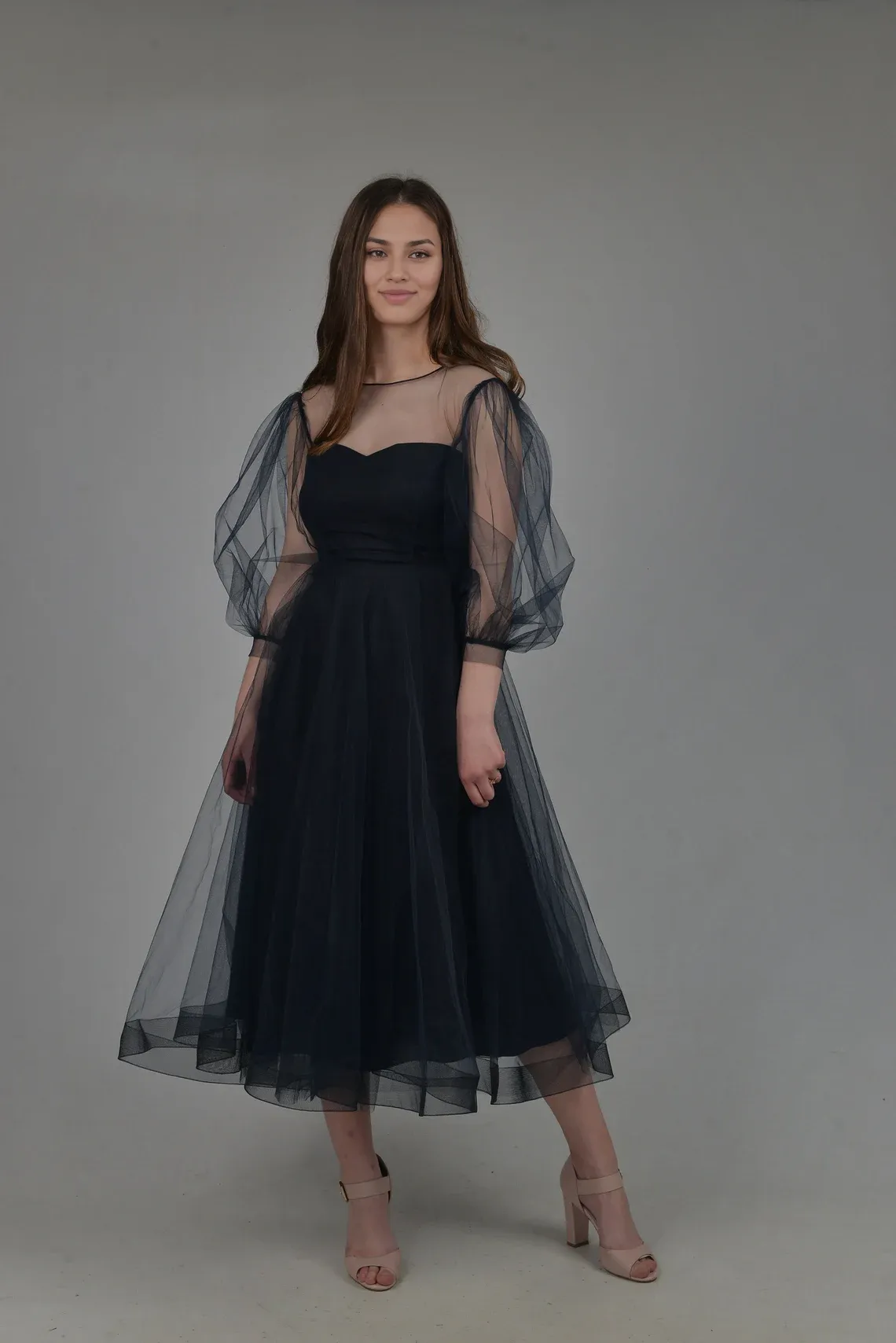 Dark Blue Midi Puffy Sleeves Engagement Evening Tulle Wedding Guest Party Dresses