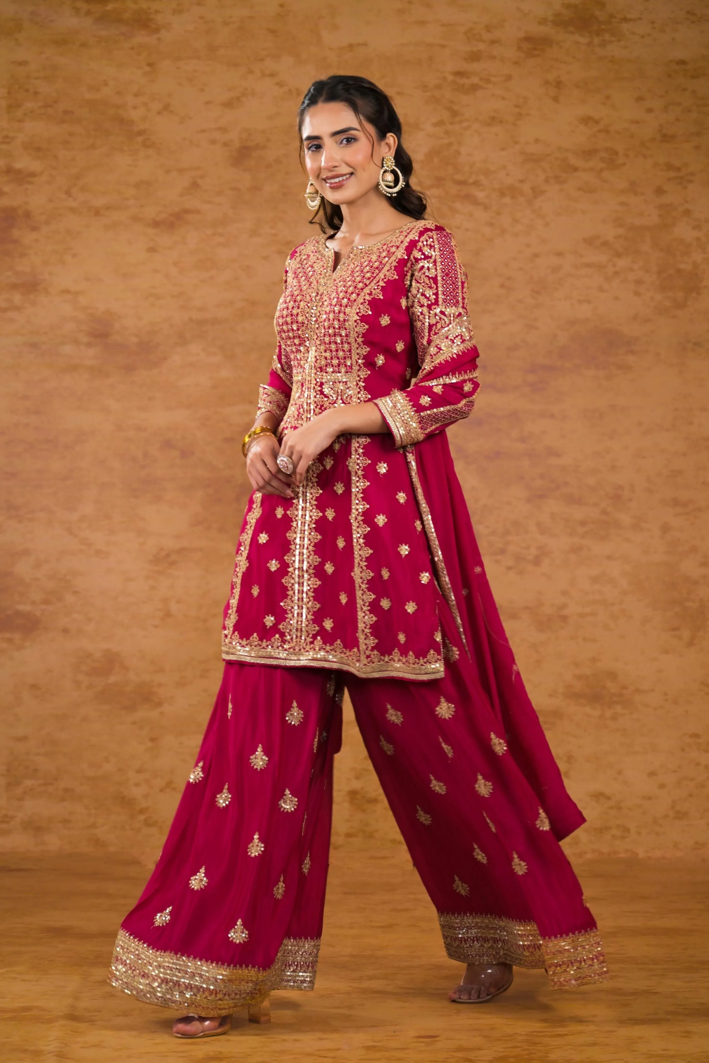 Deep Pink Embellished Chinon Silk Palazzo Set