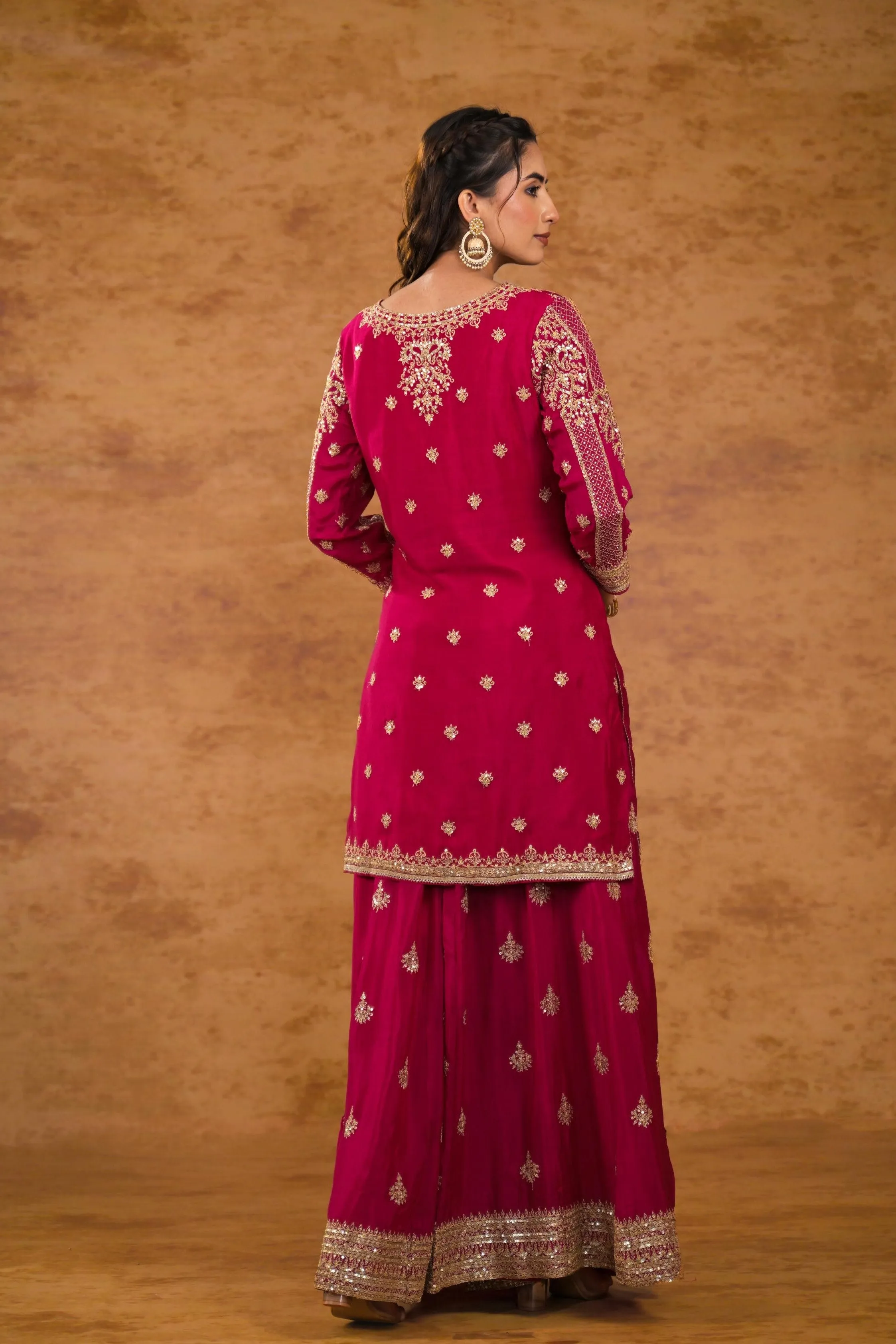 Deep Pink Embellished Chinon Silk Palazzo Set