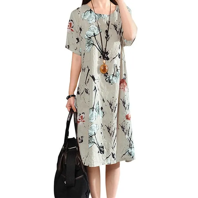 Elegant Floral Print Short Sleeve Midi Dresses