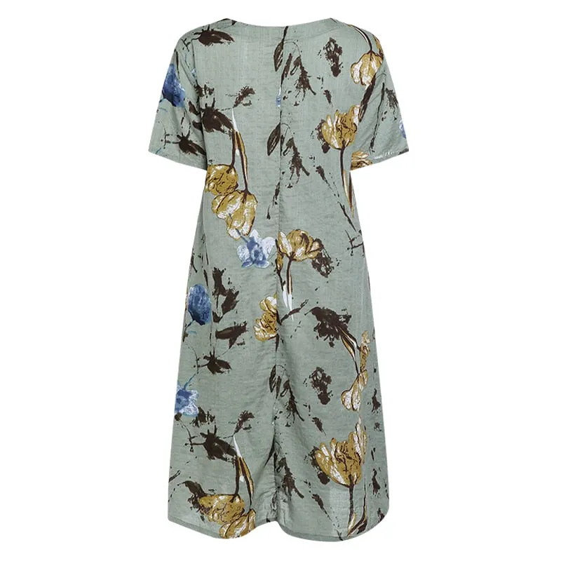 Elegant Floral Print Short Sleeve Midi Dresses