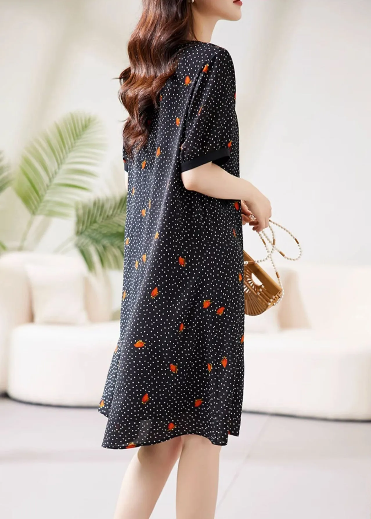 Fine Black Peter Pan Collar Dot Print Chiffon Maxi Dresses Short Sleeve WW041