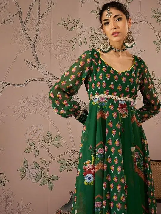 Floral Print Sweetheart Neck Anarkali Kurta With Palazzo Set