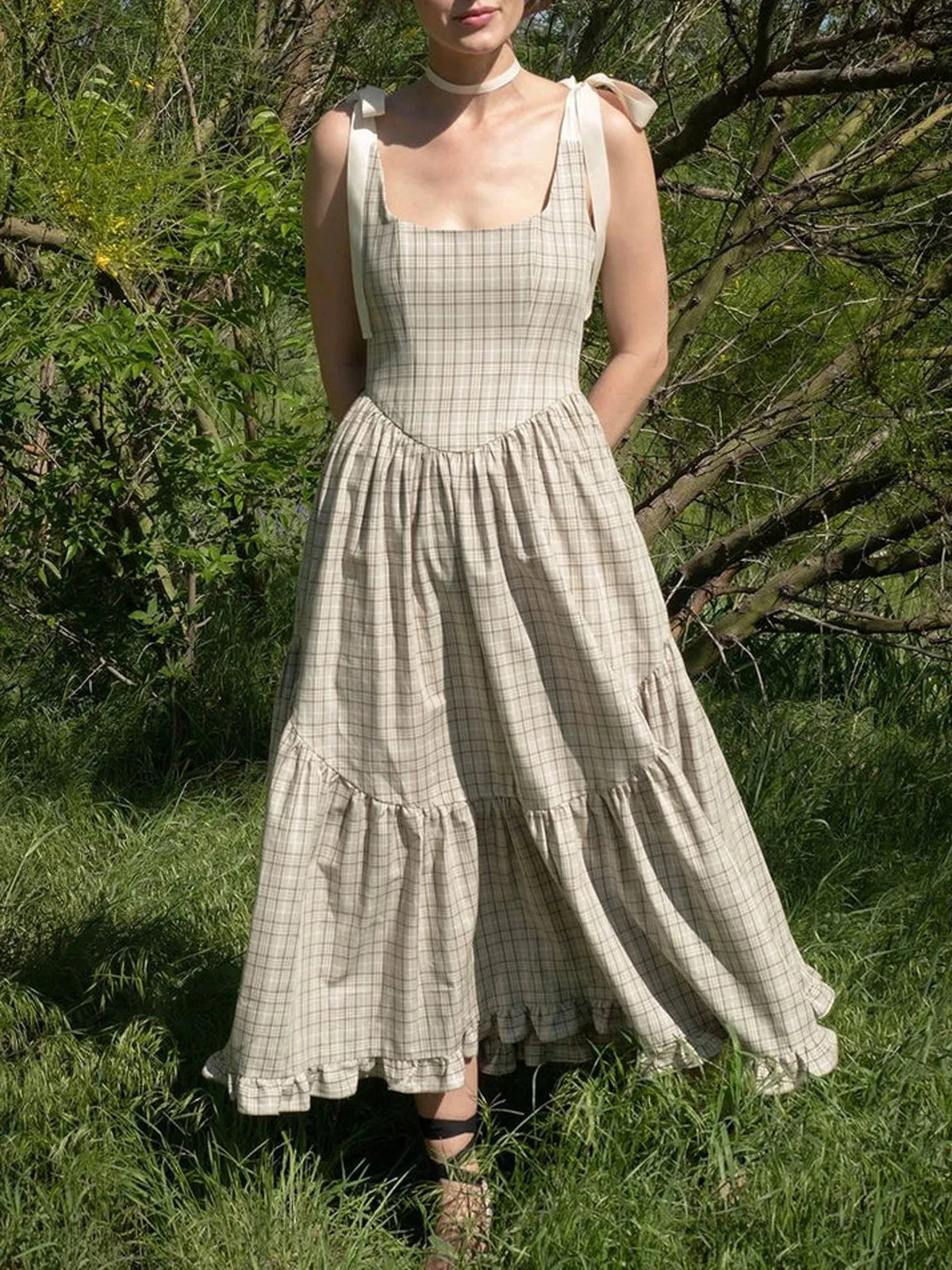 Garden Plaid Midi Dress with Tie Shoulders